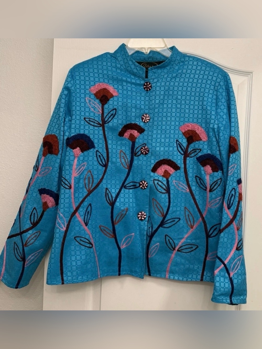 Alex Kim Blue Embroidered Floral Jacket Women’s L Artsy Button Front